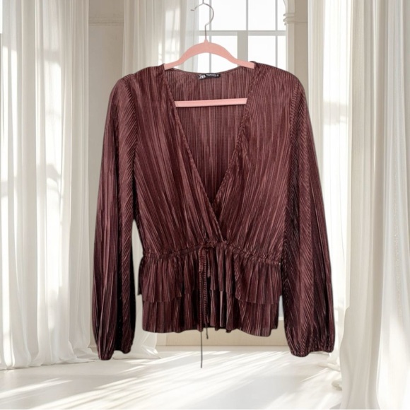 Zara Brown Pleated Blouse Size M - Picture 1 of 9